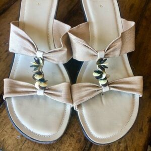 Champagne Wedge Sandals with Decorative Beads